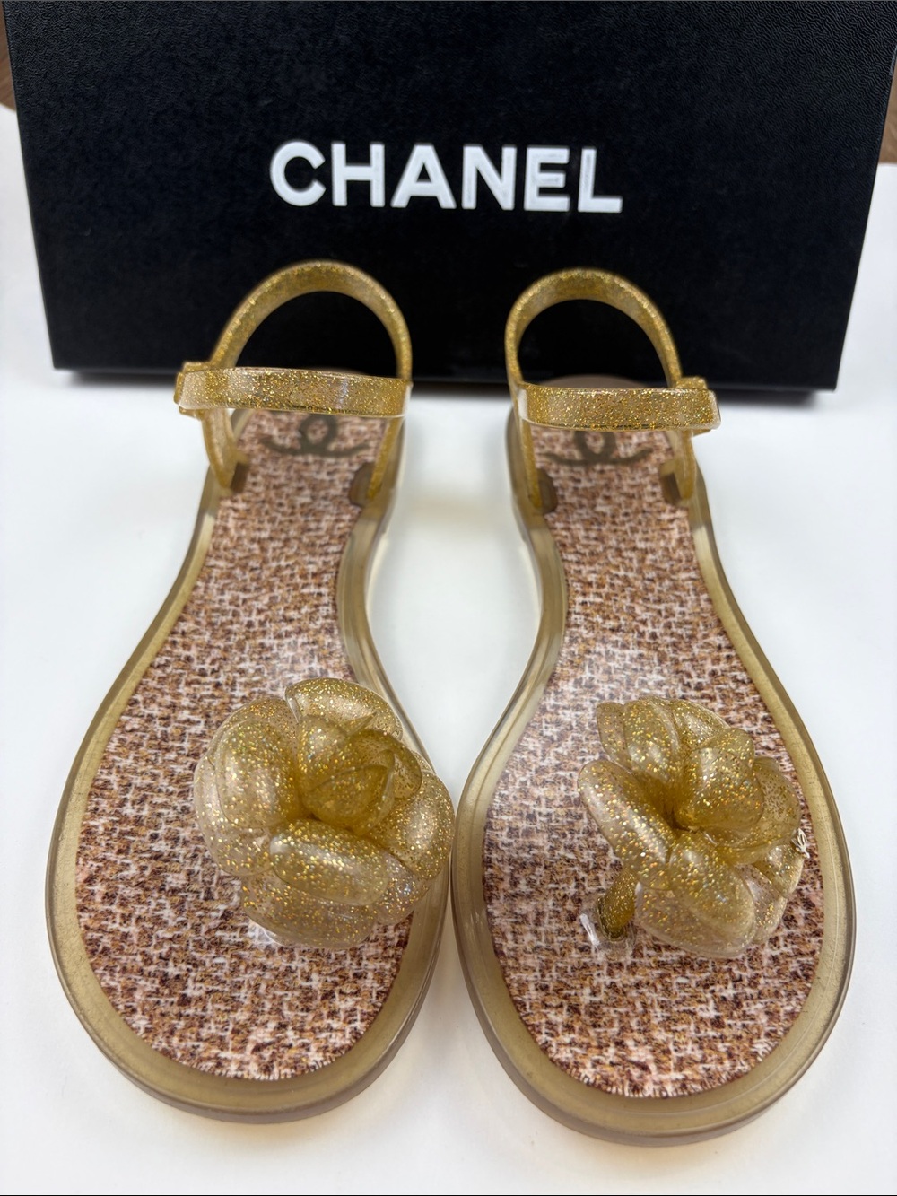 Vintage Authentic Chanel Camellia Jelly Flat Sandals ~ in Gold Glitter